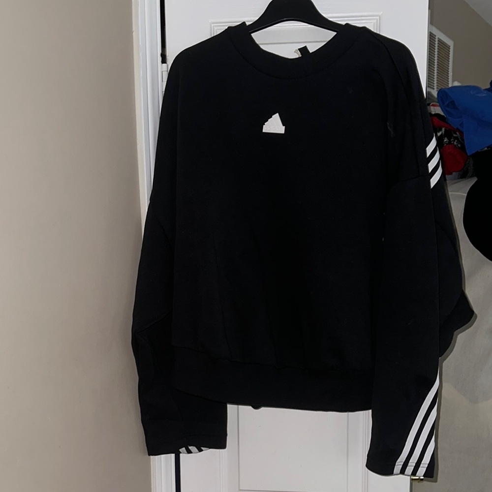 Adidas Black and White Crewneck Sweater with Iconic Stripes